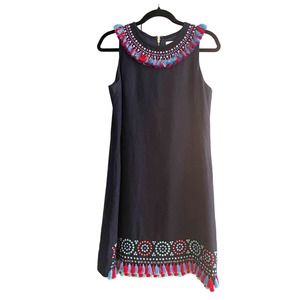 Kate Spade Navy Blue Linen Blend Shift Dress Sequins Tassels Fully Lined NWOT 8